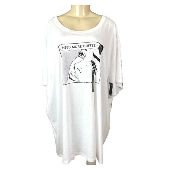 Torrid +5 White-Black Crew Neckline Coffee Cartoon Graphic Short Sleeve T-Shirt - Picture 2 of 6